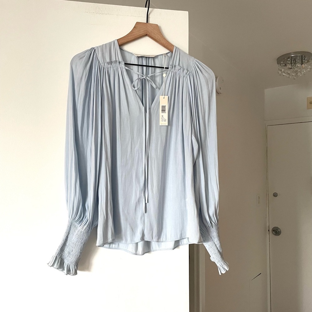 Rebecca Taylor Tie Neck Sateen Blouse in Baby Blue